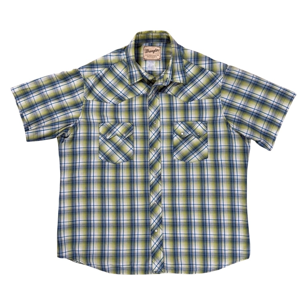 80's Wrangler Western Pearl Snap Vintage Mens XL Short Sleeve Plaid Camp‎ Shirt